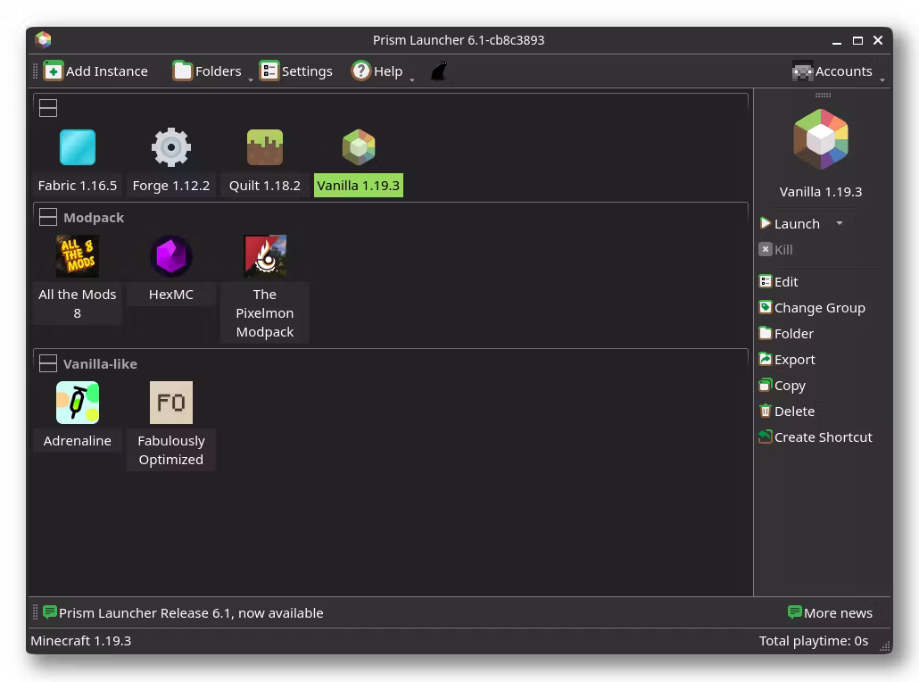 Prism Launcher instance list preview