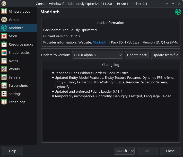 Prism Launcher modpack update view